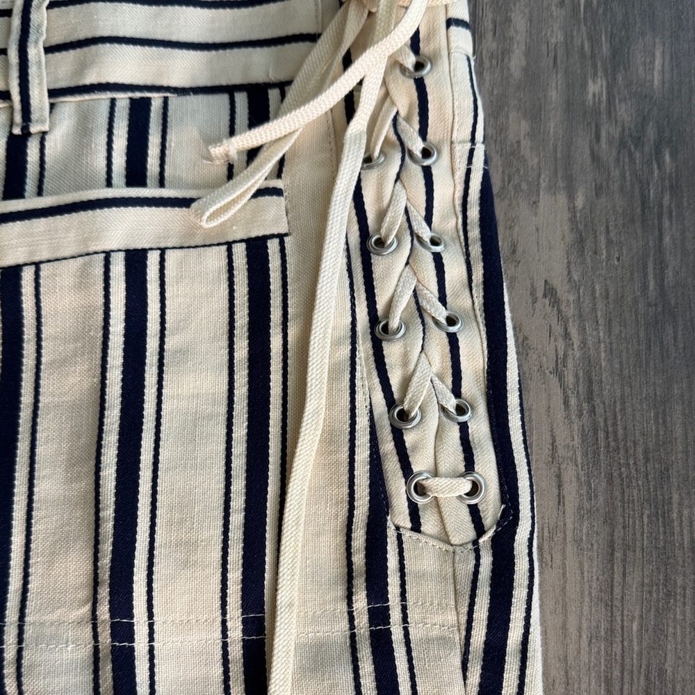 Vanessa Bruno Cream and Navy Striped Straight Leg Pants With Lace Up Side Detail - Picture 4 of 8